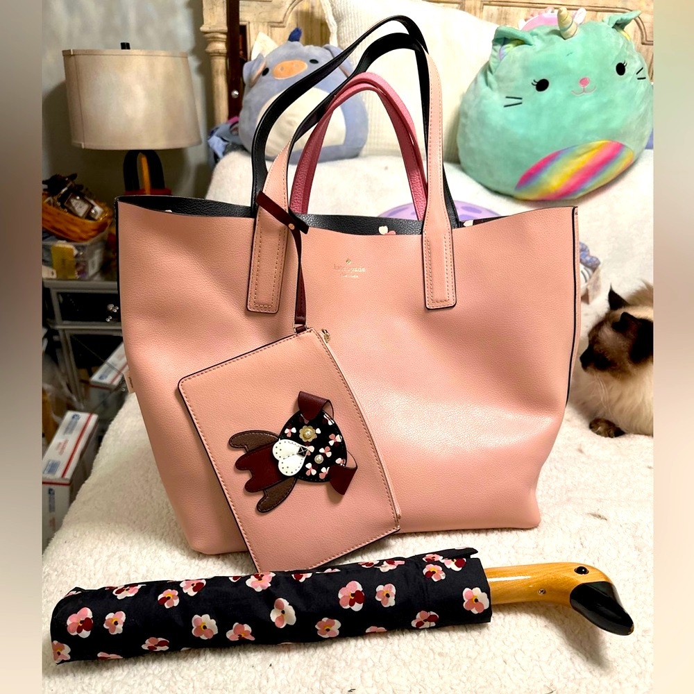Pink Tote Bag with Dog Design Pouch